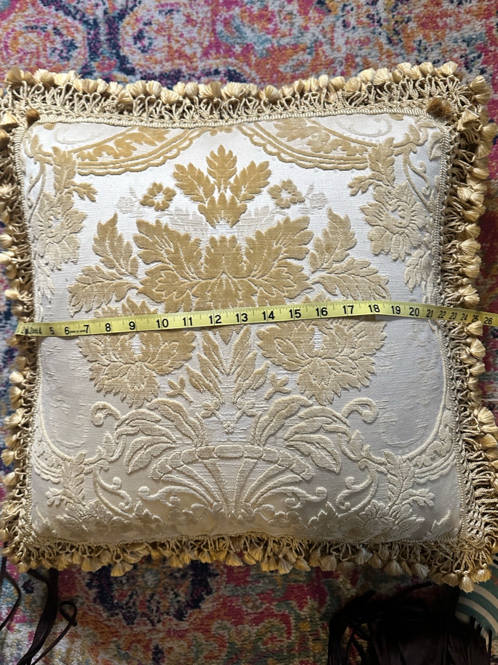 Gold Damask Decorative Throw Pillow with Tassel Trim